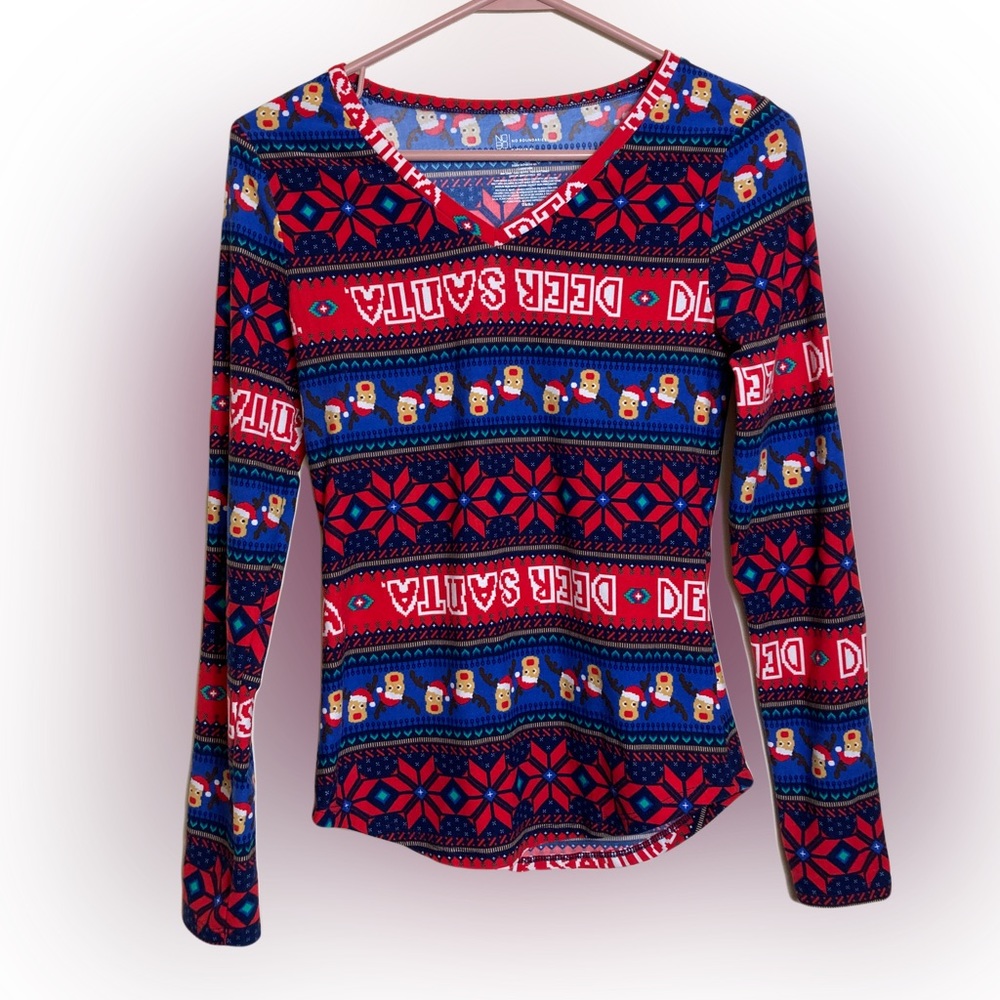 Long Santa Sleeve Christmas Top Small Blue Red